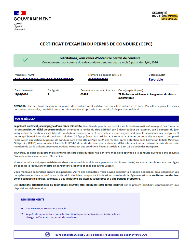 permis de conduire automatique